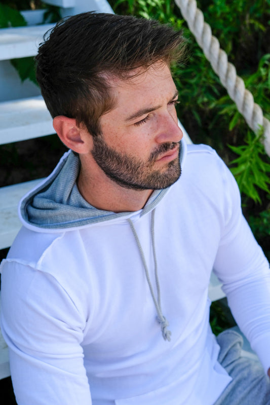 TENCEL FLEECE HOODED SWEATSHIRT - WHITE/HEATHER
