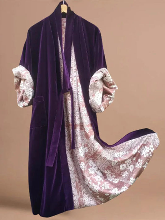 Purple Velvet Printed Long Sleeve Robe