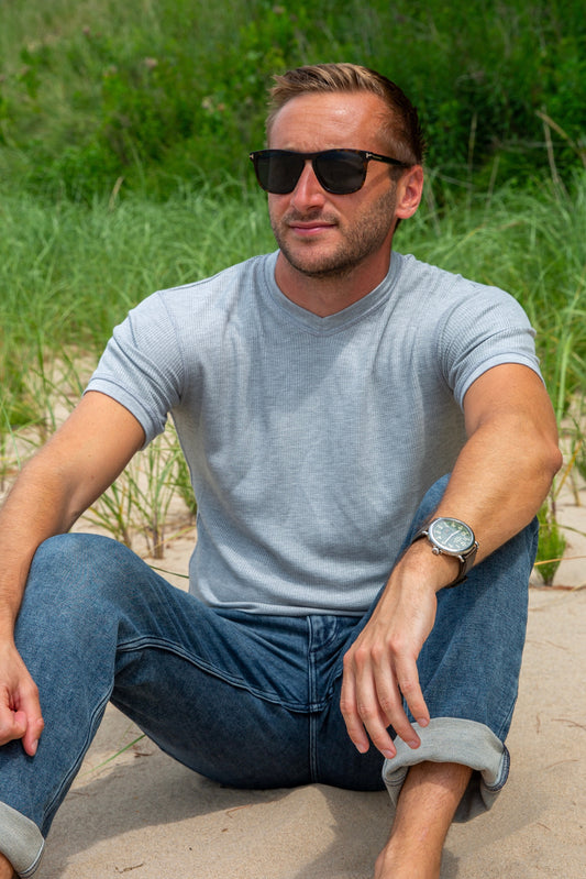 V NECK MODAL THERMAL TEE - HEATHER GREY