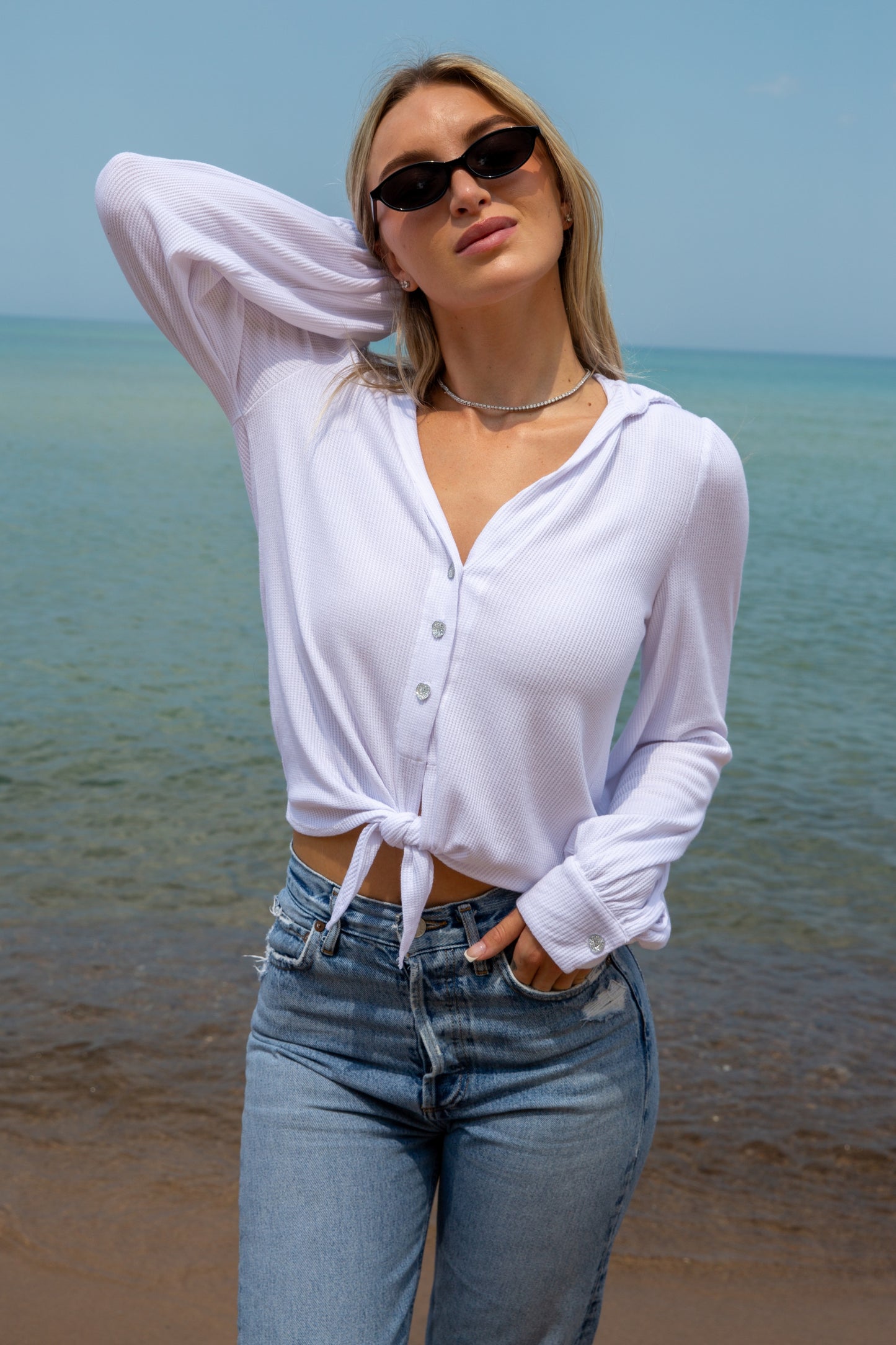 THERMAL TIE FRONT HEART SHIRT-WHITE
