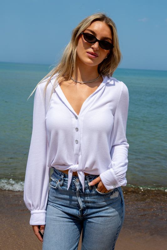 THERMAL TIE FRONT HEART SHIRT-WHITE