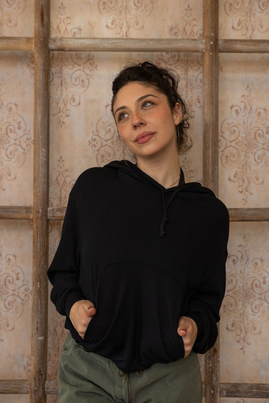 BOXY THERMAL HOODED SWEATSHIRT-BLACK