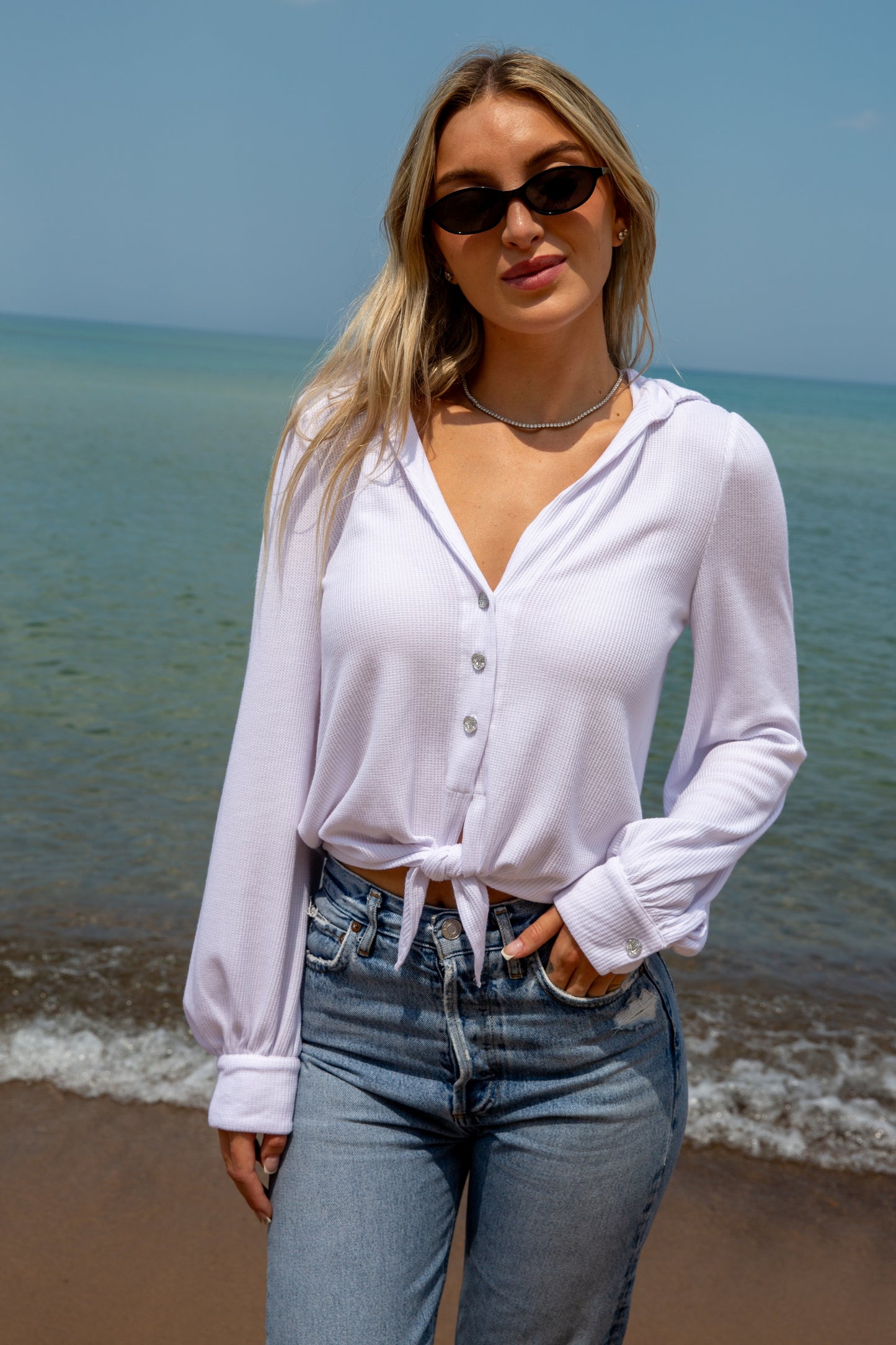 THERMAL TIE FRONT HEART SHIRT-WHITE