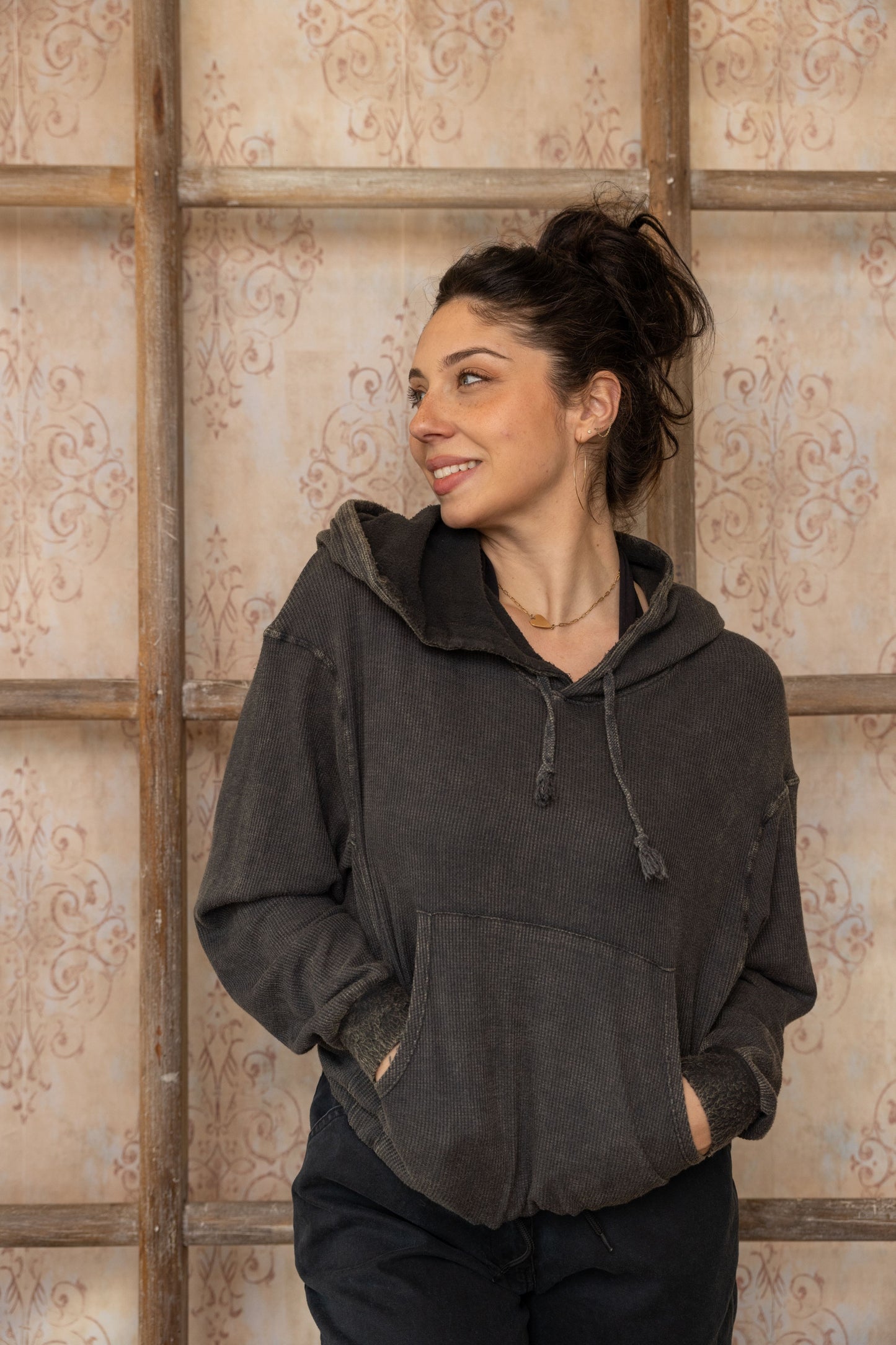 BOXY THERMAL HOODED SWEATSHIRT-VINTAGE ARMY