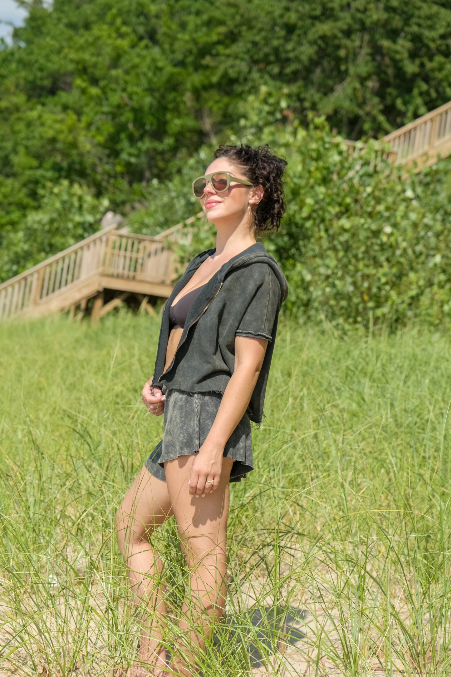 COMBED COTTON ZIP HOODIE-VINTAGE ARMY