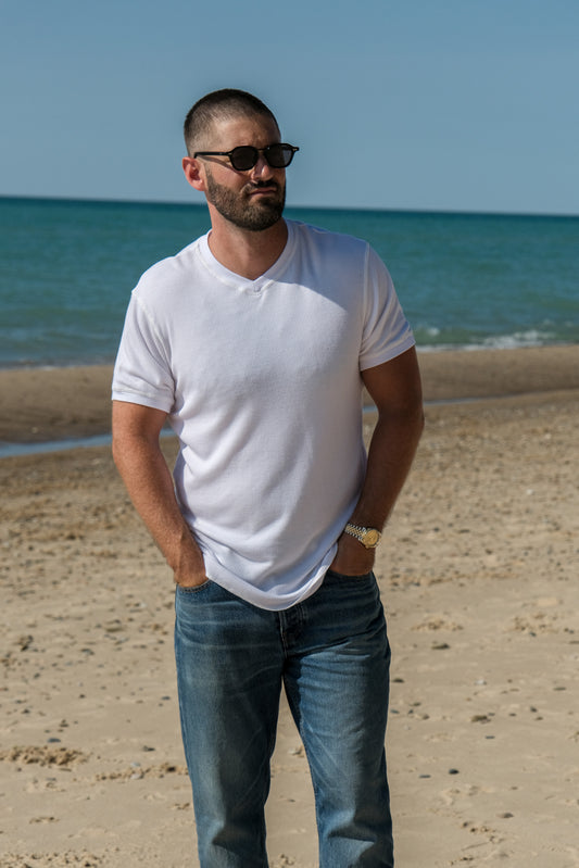 V NECK MODAL THERMAL TEE - WHITE