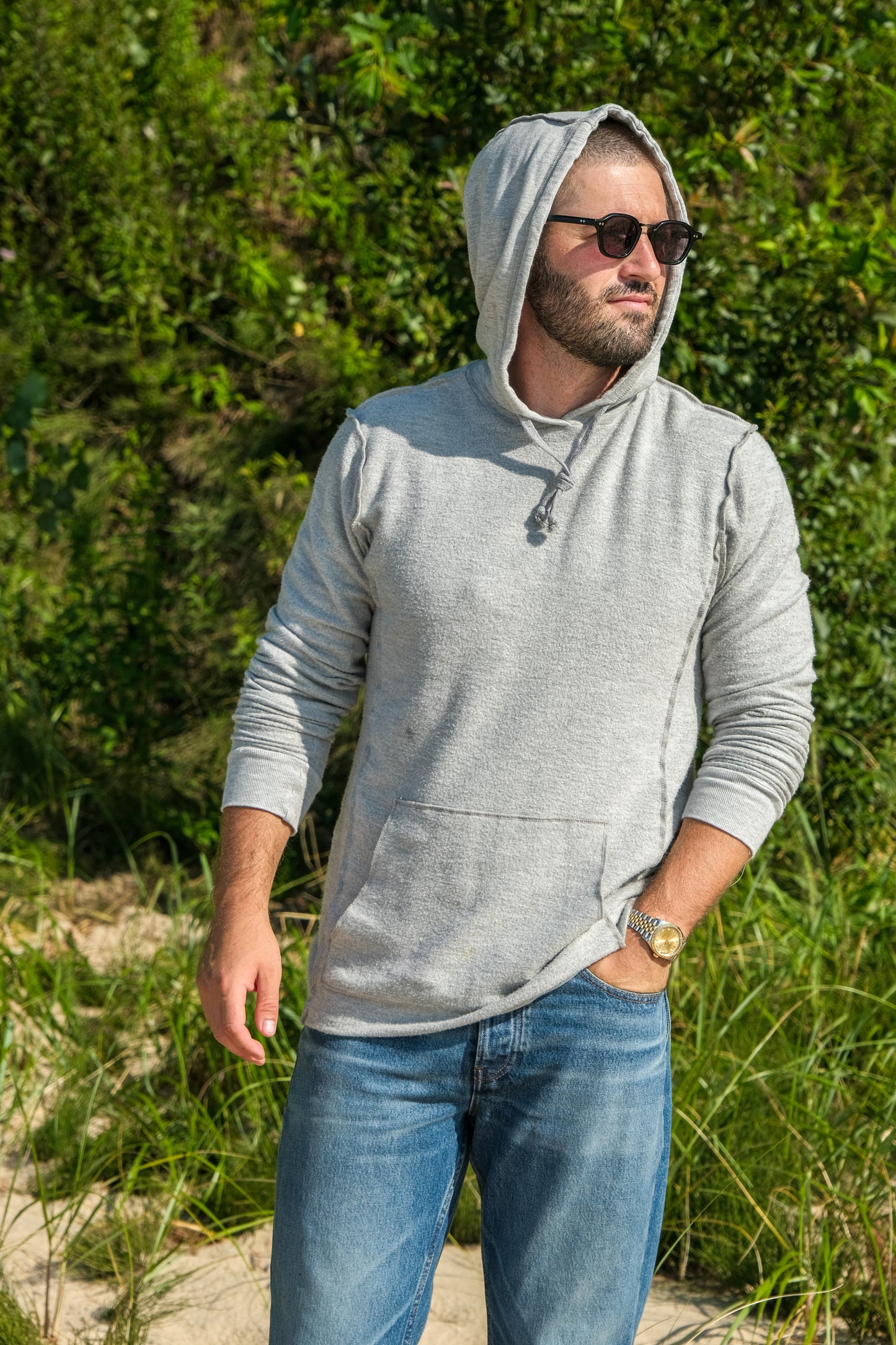 REVERSE FLEECE HOODED SWEATSHIRT-HEATHER GREY