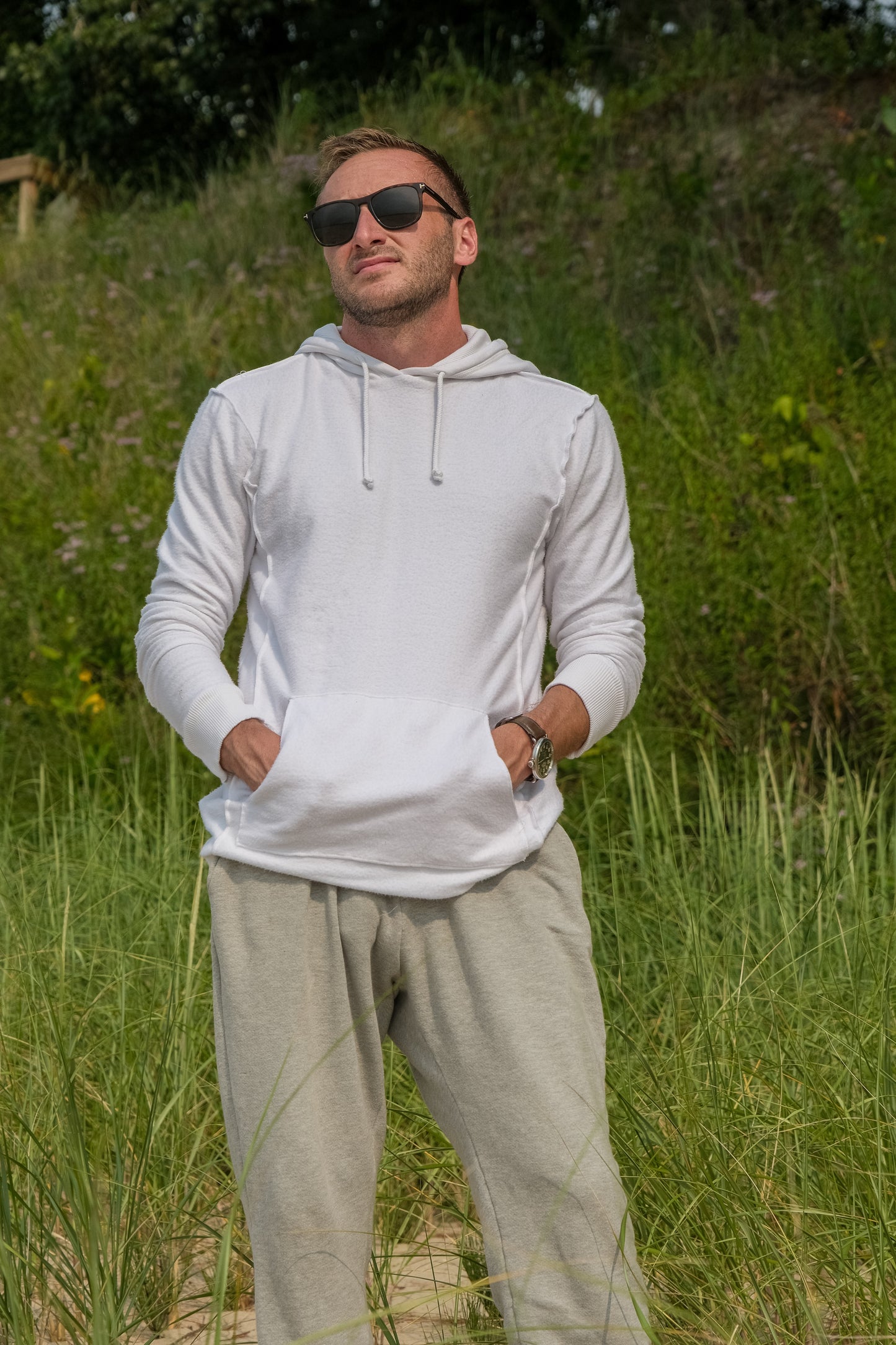 REVERSE FLEECE HOODED SWEATSHIRT-WHITE