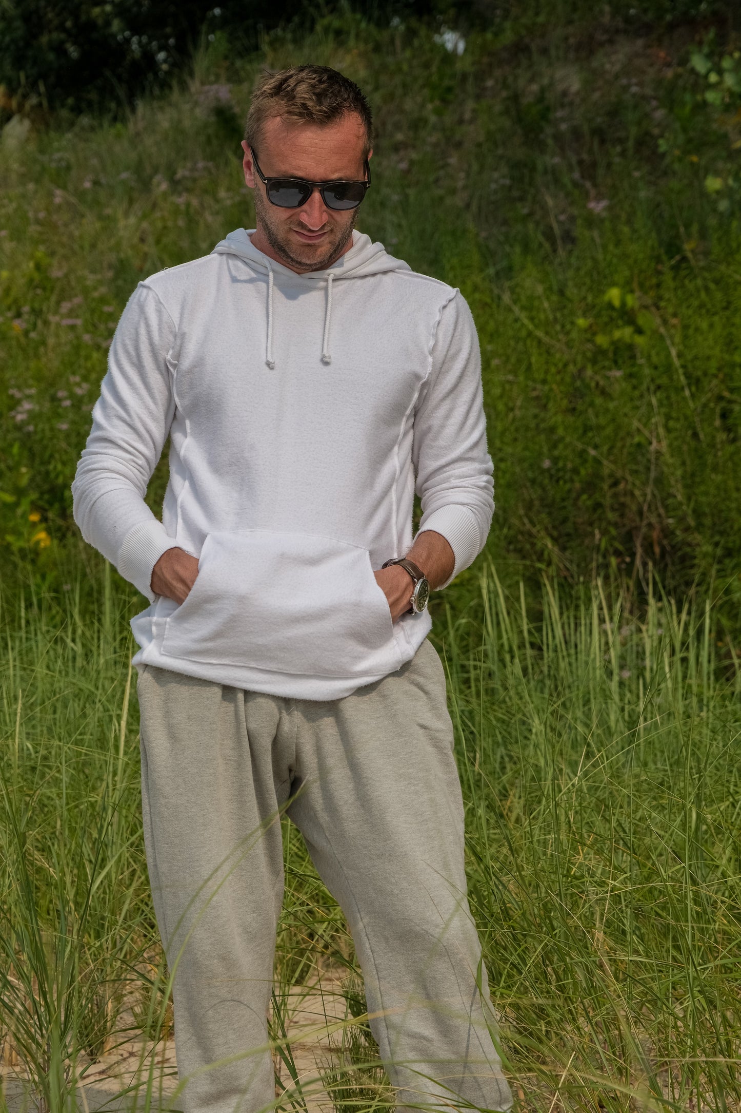 REVERSE FLEECE HOODED SWEATSHIRT-WHITE