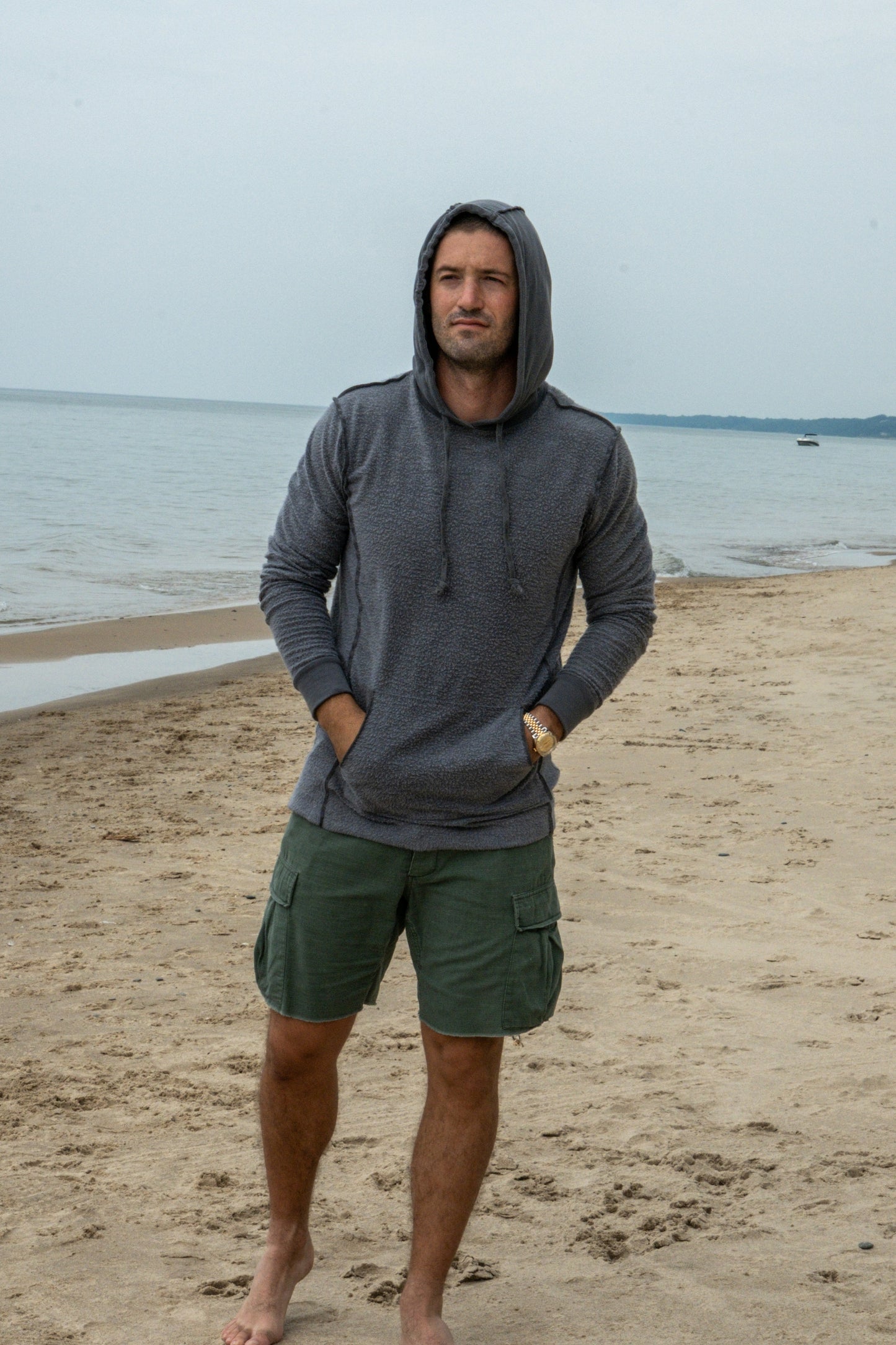 REVERSE FLEECE HOODED SWEATSHIRT-CHARCOAL