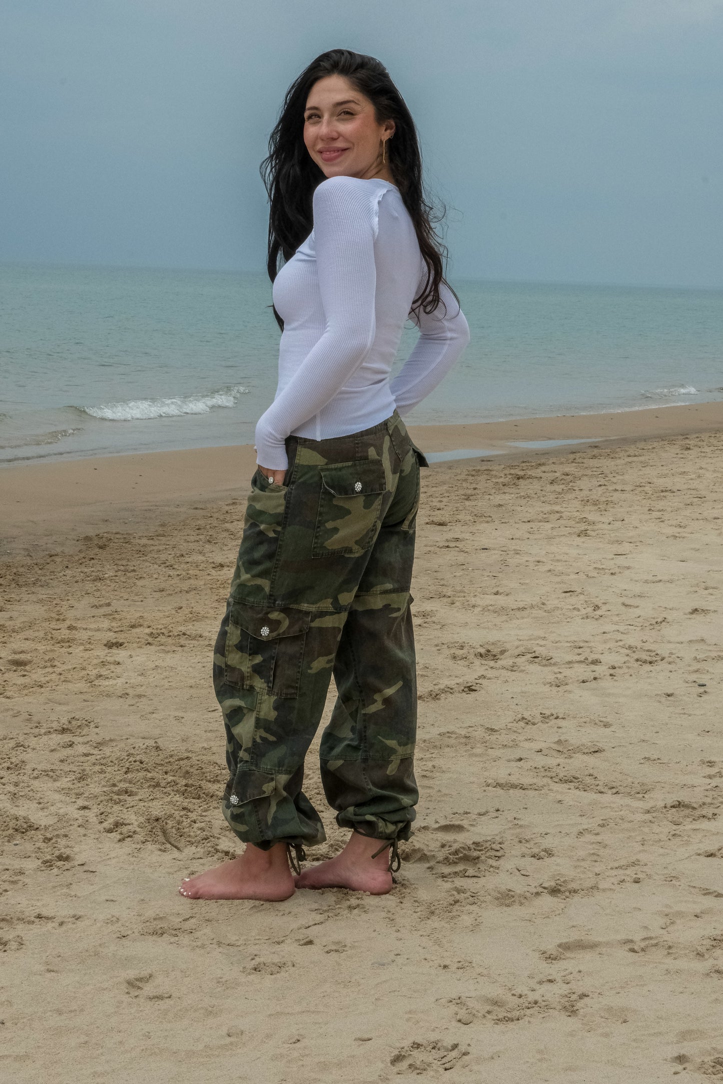 R&R CARGO PANT W/ CRYSTAL BUTTONS - CAMO