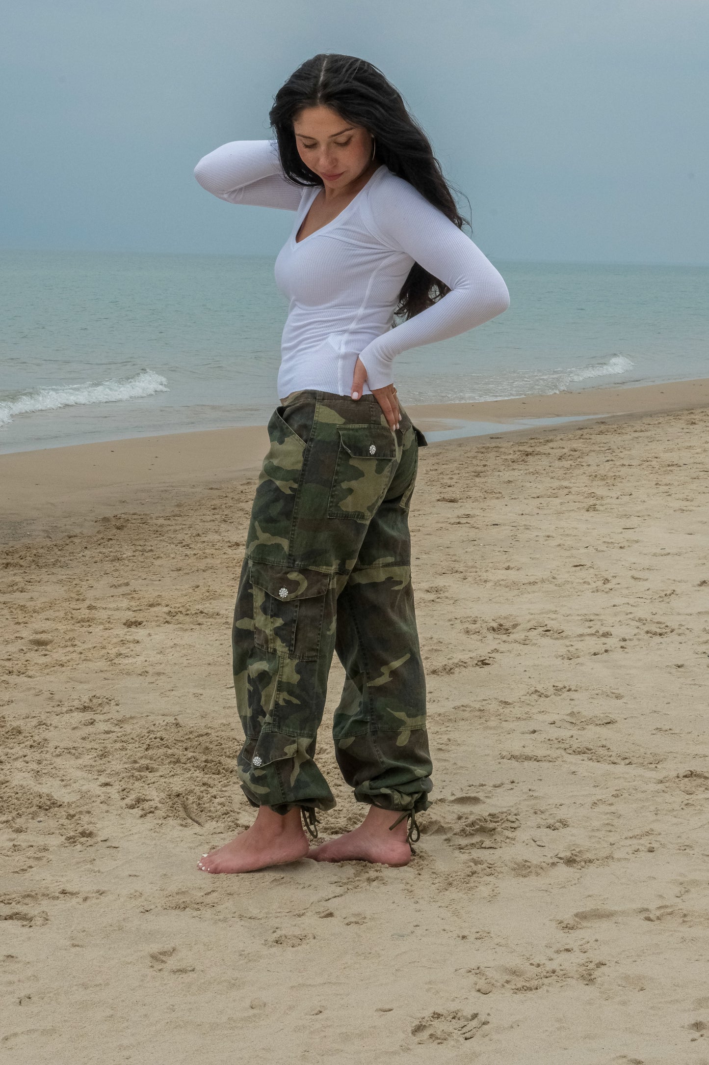 R&R CARGO PANT W/ CRYSTAL BUTTONS - CAMO