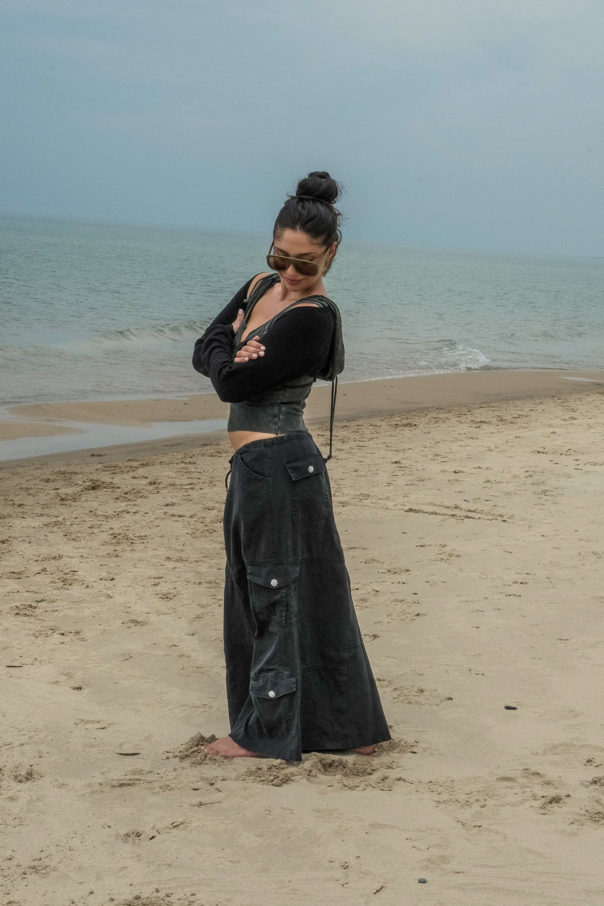 CARGO SKIRT W/CRYSTAL BUTTONS-BLACK