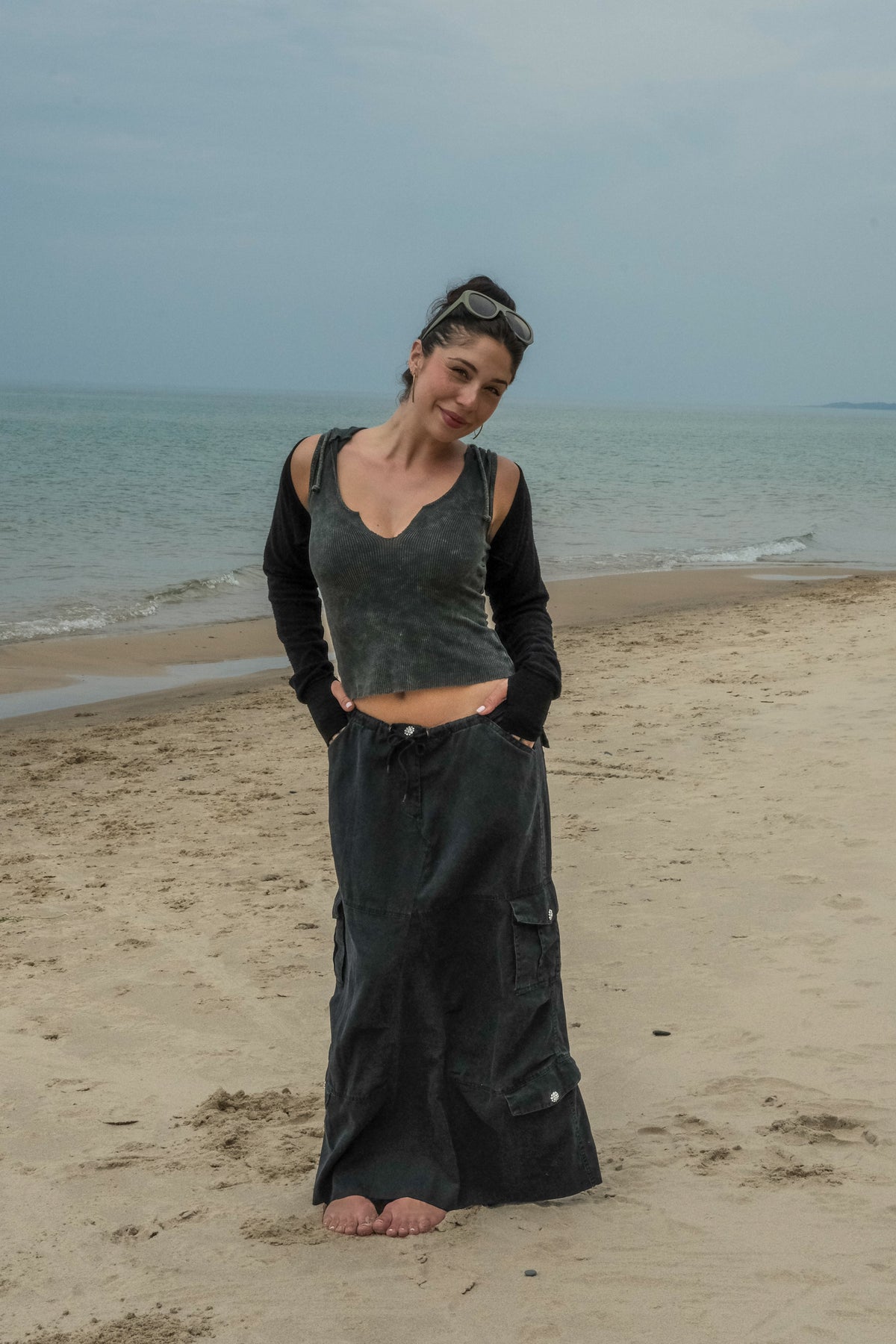 CARGO SKIRT W/CRYSTAL BUTTONS-BLACK