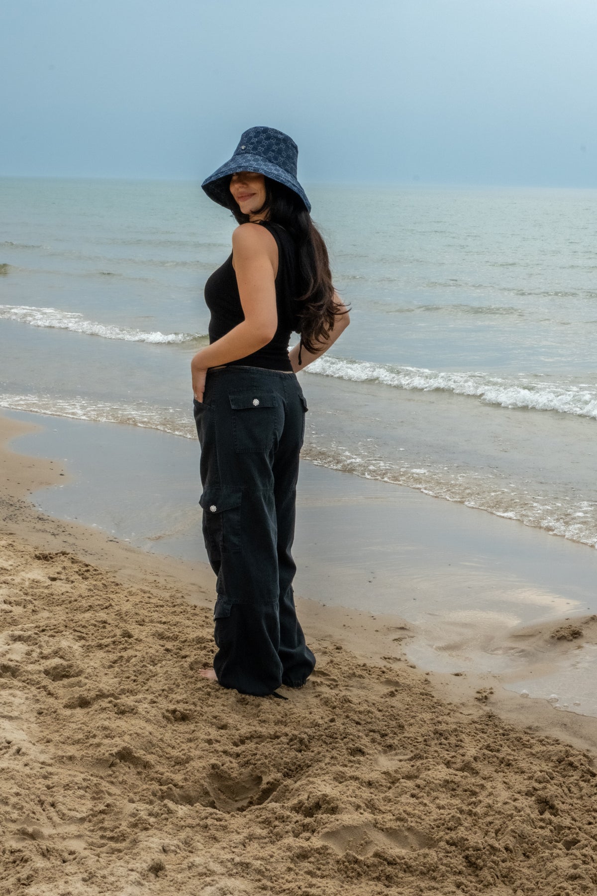 CARGO PANT W/ CRYSTAL BUTTONS - BLACK