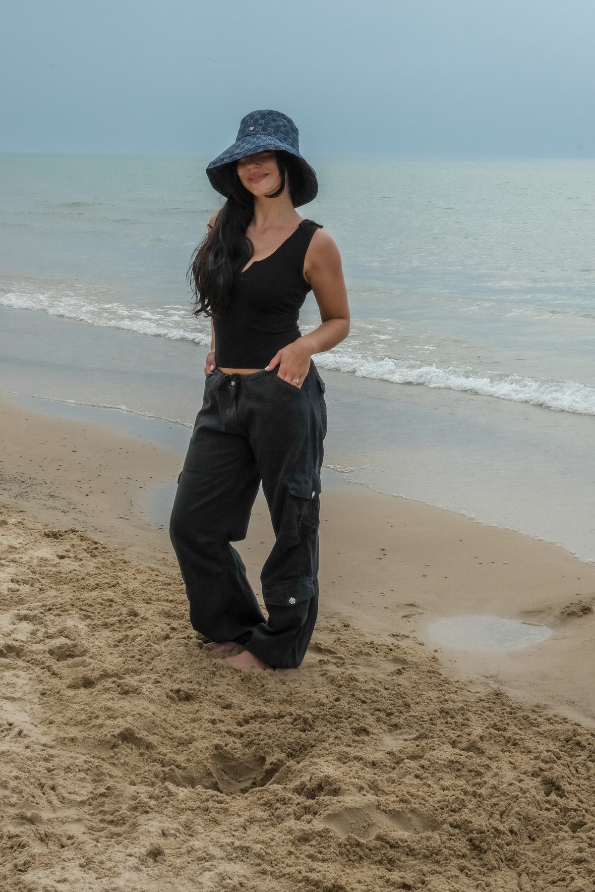 CARGO PANT W/ CRYSTAL BUTTONS - BLACK