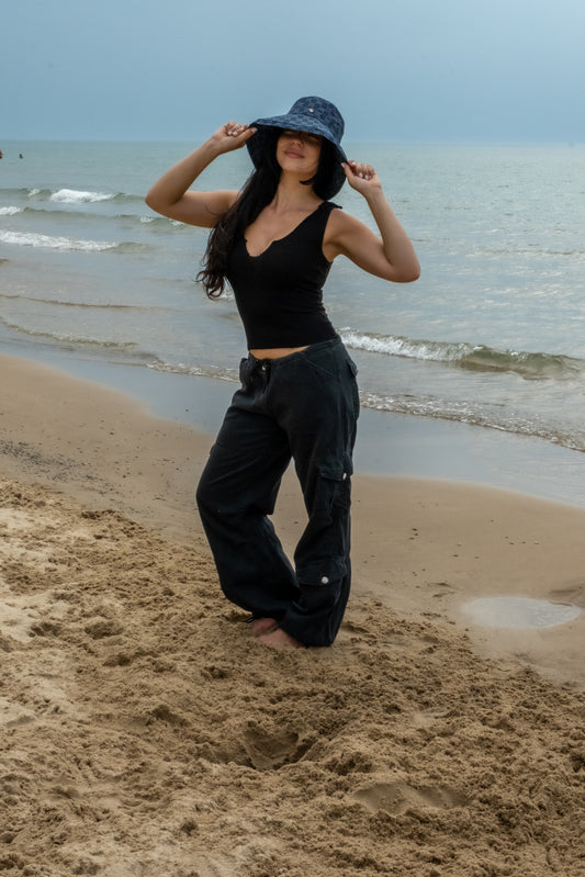 CARGO PANT W/ CRYSTAL BUTTONS - BLACK