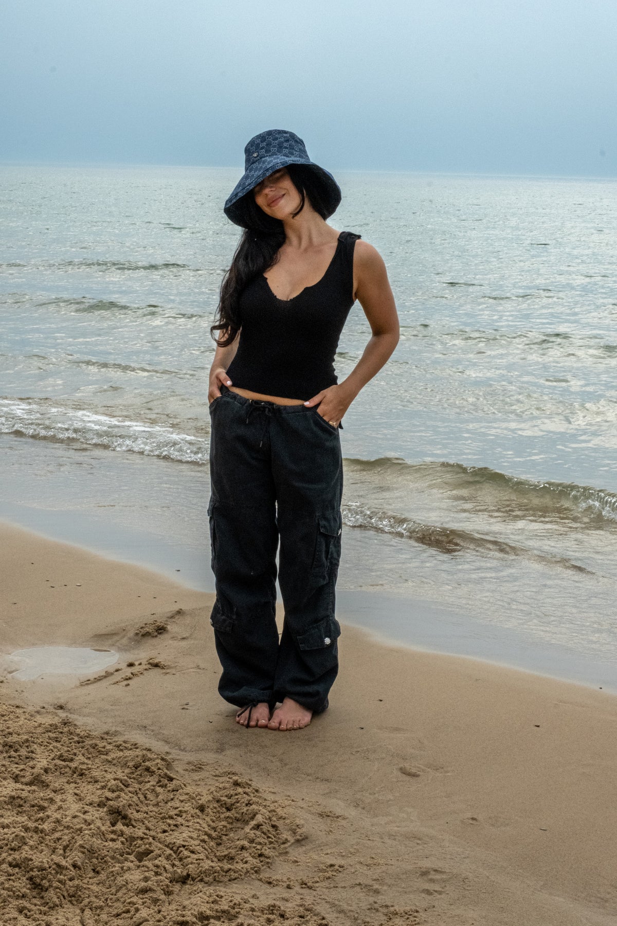 CARGO PANT W/ CRYSTAL BUTTONS - BLACK