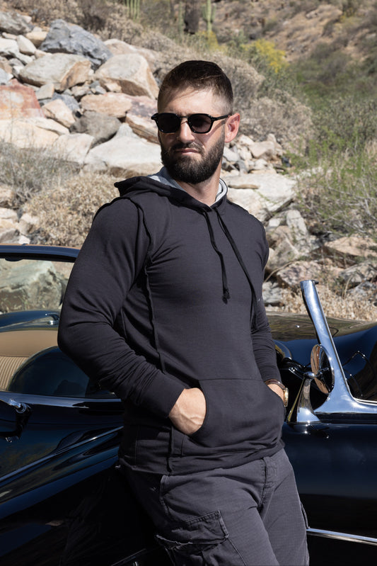TENCEL FLEECE HOODED SWEATSHIRT - COAL/HEATHER GREY