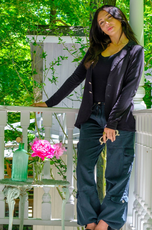 SWEATSHIRT BLAZER  CRYSTAL BUTTONS- BLACK