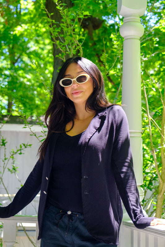 SWEATSHIRT BLAZER  CRYSTAL BUTTONS- BLACK