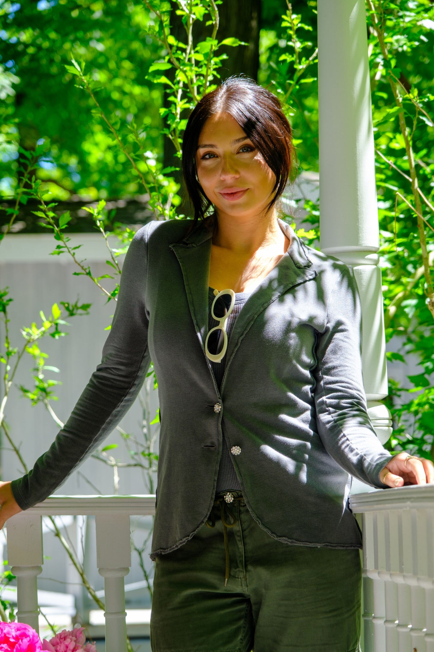 SWEATSHIRT BLAZER CRYSTAL BUTTONS- CHARCOAL