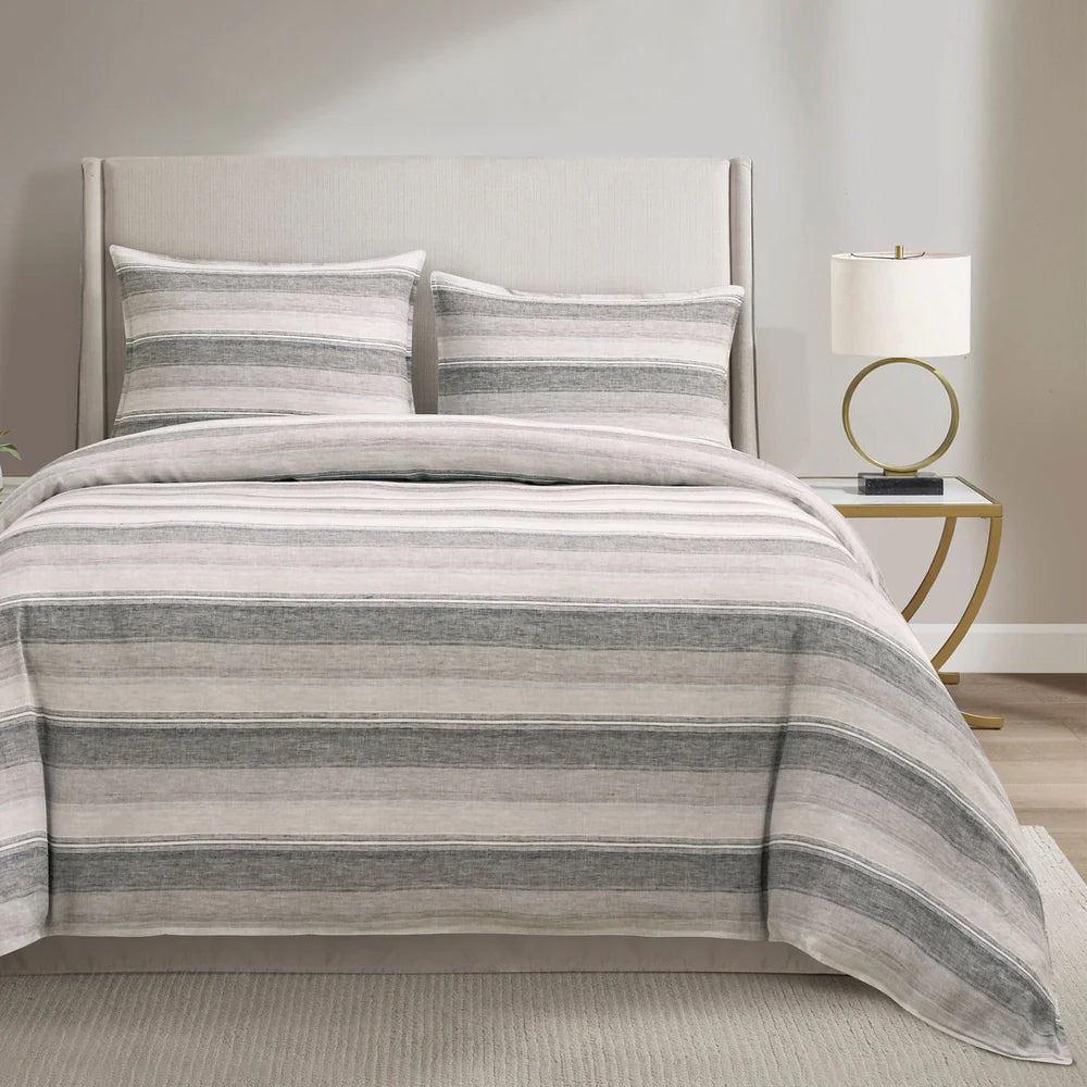 100% FRENCH FLAX LINEN VARIEGATED STRIPE DUVET COVER SET, SUPER KING CHARCOAL