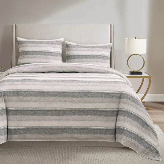 100% FRENCH FLAX LINEN VARIEGATED STRIPE DUVET COVER SET, SUPER KING CHARCOAL